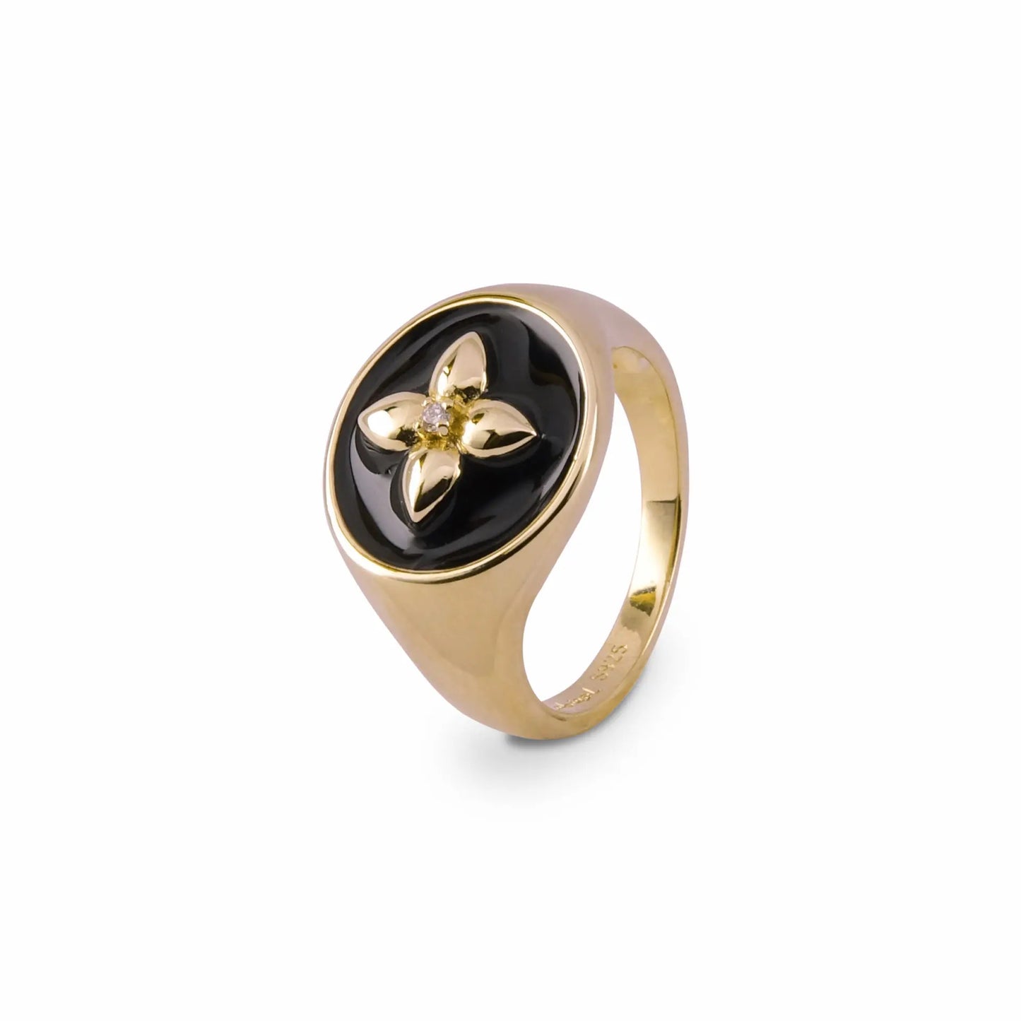 Chevalière croisette Vermeil, laque noire et diamant Cabirol